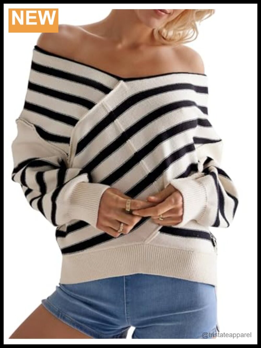 Womens Oversized Off Shoulder Striped Sweater Slouchy Knit Pullover